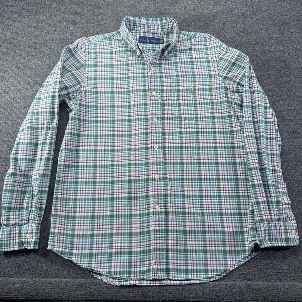 Ralph Lauren Mens Plaid Button Down Shirt Green Purple Long Sleeve Size M